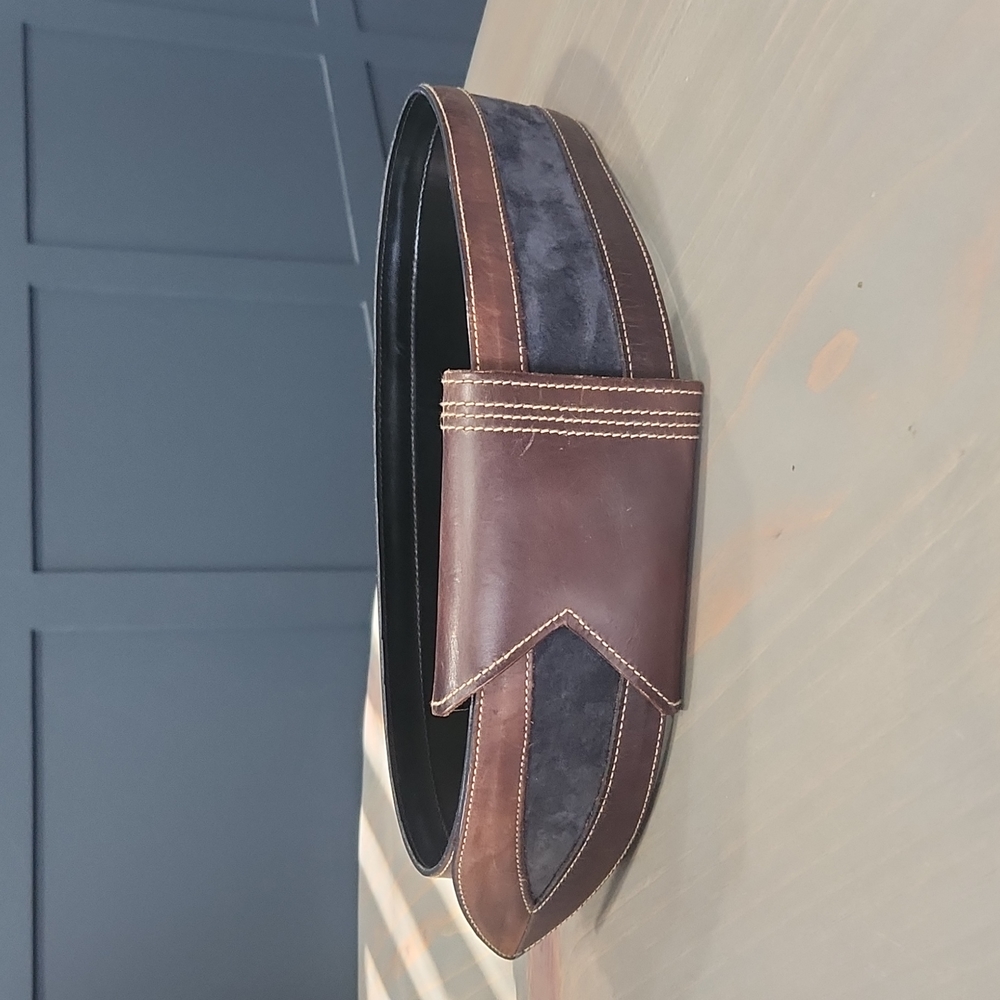 Christian Doir Blue Suede Wide Belt Trimmed in Brown Leather  Sz M/L - Picture 2 of 16